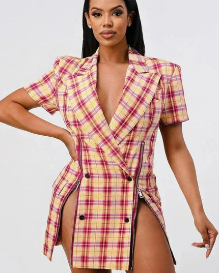 Wide Collared Double Breasted Plaid Blazer Mini Dress - ShopEasier