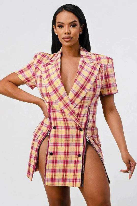 Wide Collared Double Breasted Plaid Blazer Mini Dress - ShopEasier