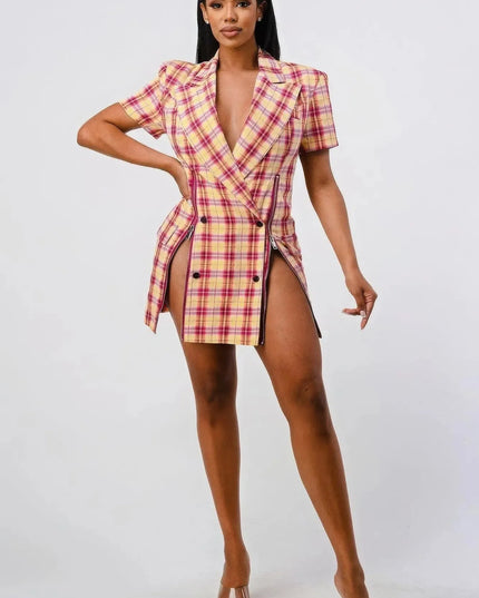 Wide Collared Double Breasted Plaid Blazer Mini Dress - ShopEasier