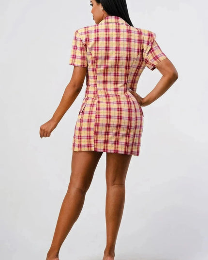 Wide Collared Double Breasted Plaid Blazer Mini Dress - ShopEasier