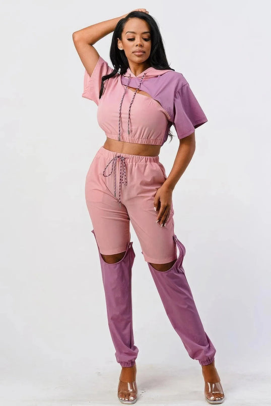 Pants Set In Color Block With Hoodie And Detachable Bottom Part - ShopEasier