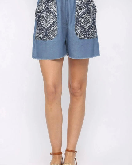 Denim And Print Pockets Elastic Waist Shorts With Raw Hem - ShopEasier