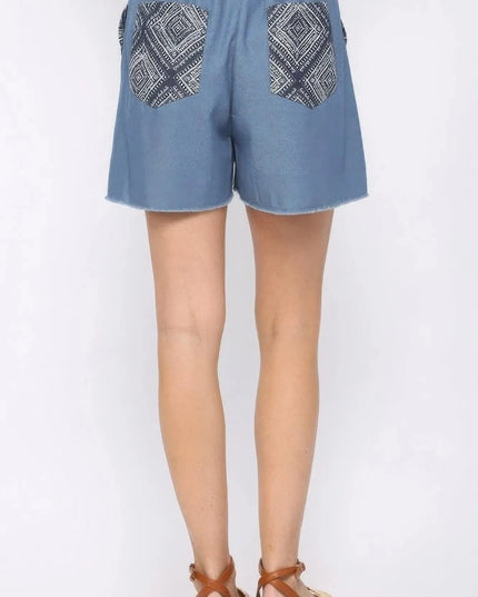 Denim And Print Pockets Elastic Waist Shorts With Raw Hem - ShopEasier