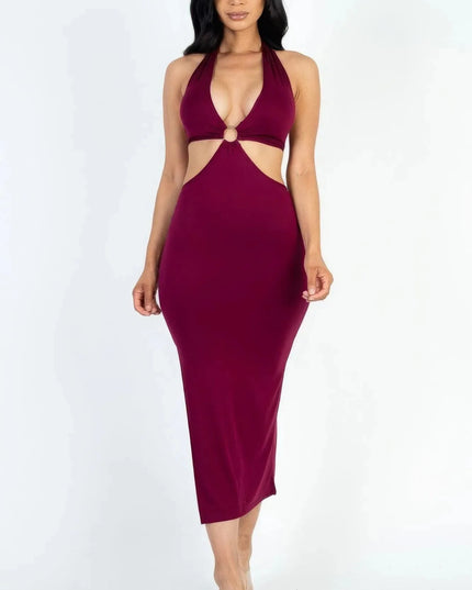 Cut-out Halter Neck Double Back Tie Split Thigh Midi Dress - ShopEasier