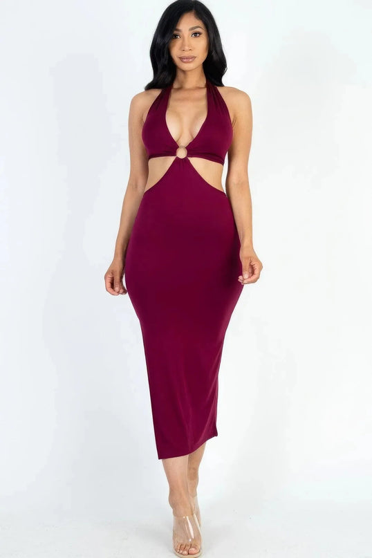 Cut-out Halter Neck Double Back Tie Split Thigh Midi Dress - ShopEasier