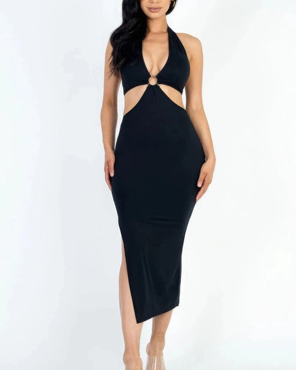 Cut-out Halter Neck Double Back Tie Split Thigh Midi Dress - ShopEasier