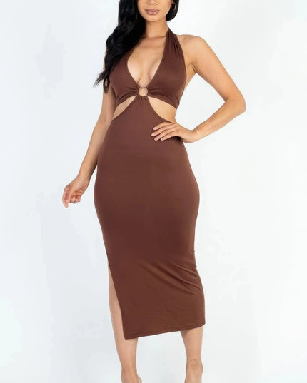 Cut-out Halter Neck Double Back Tie Split Thigh Midi Dress - ShopEasier