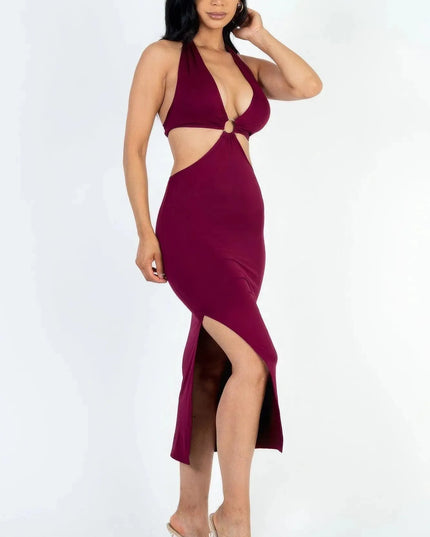 Cut-out Halter Neck Double Back Tie Split Thigh Midi Dress - ShopEasier