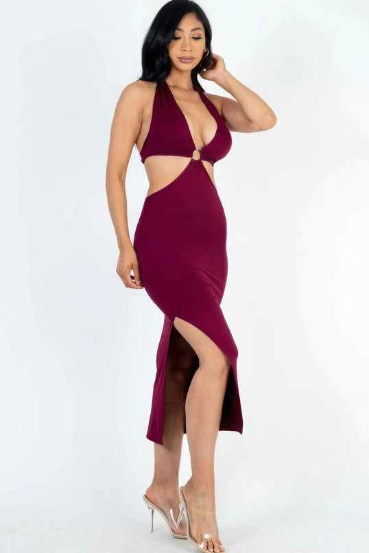 Cut-out Halter Neck Double Back Tie Split Thigh Midi Dress - ShopEasier