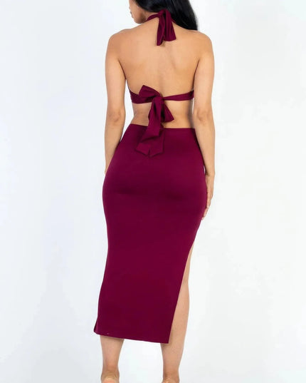 Cut-out Halter Neck Double Back Tie Split Thigh Midi Dress - ShopEasier