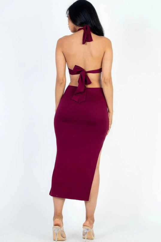 Cut-out Halter Neck Double Back Tie Split Thigh Midi Dress - ShopEasier