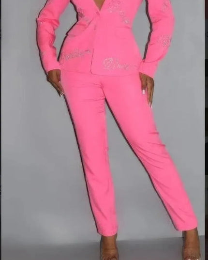 2 Piece Powersuit Blazer & Pants Set With Rhinestone Letterings On Blazer - ShopEasier