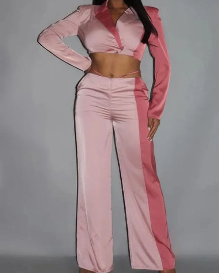 Colorblock Crop Blazer With Matching Low Rise Wide Leg Pant Set With Pockets - ShopEasier