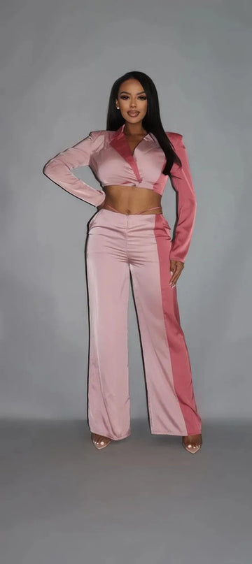 Colorblock Crop Blazer With Matching Low Rise Wide Leg Pant Set With Pockets - ShopEasier