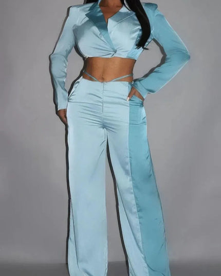 Colorblock Crop Blazer With Matching Low Rise Wide Leg Pant Set With Pockets - ShopEasier