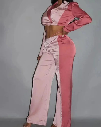 Colorblock Crop Blazer With Matching Low Rise Wide Leg Pant Set With Pockets - ShopEasier