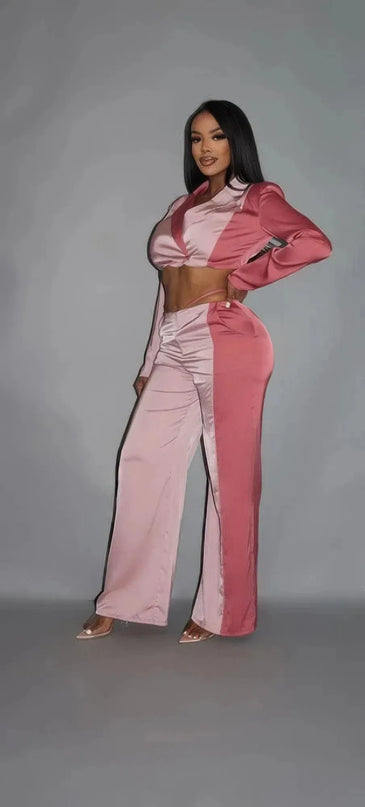 Colorblock Crop Blazer With Matching Low Rise Wide Leg Pant Set With Pockets - ShopEasier