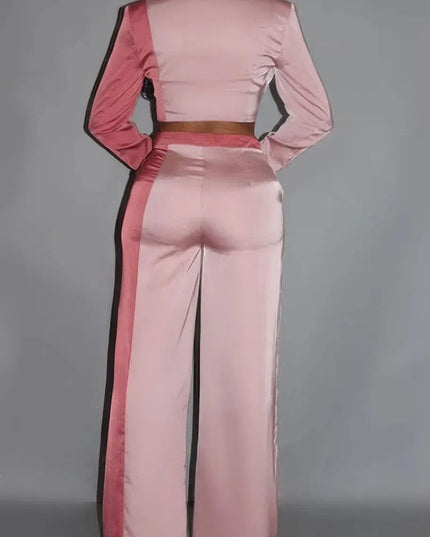 Colorblock Crop Blazer With Matching Low Rise Wide Leg Pant Set With Pockets - ShopEasier