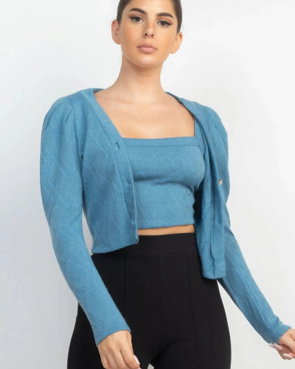 Geometric Cami Puff Sleeves Blazer Top Set - ShopEasier