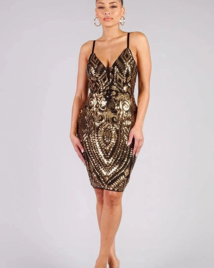 Spaghetti Strap Holiday Sequins Plunge Mini Dress - ShopEasier