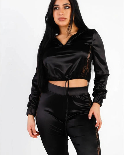 Satin Lace Details Long Sleeve Hooded Crop Top & Biker Short Set - ShopEasier