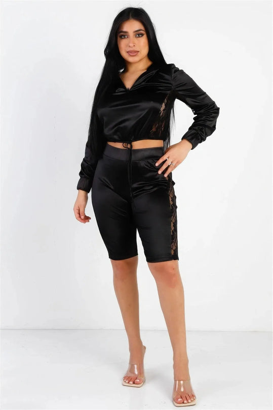 Satin Lace Details Long Sleeve Hooded Crop Top & Biker Short Set - ShopEasier