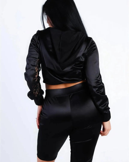 Satin Lace Details Long Sleeve Hooded Crop Top & Biker Short Set - ShopEasier