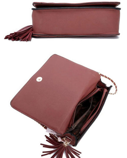 Fashion Double Metal Pattern Stitching Tassel Crossbody Bag - ShopEasier