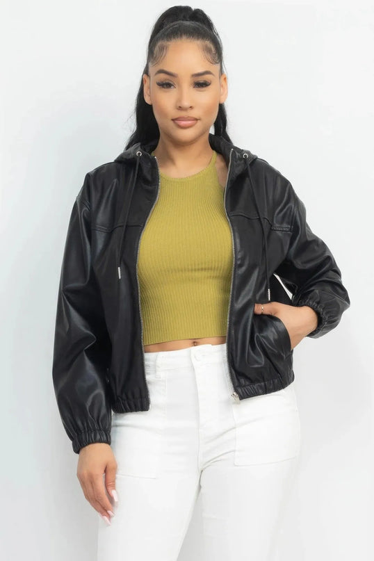 Faux Leather Hoodie Jacket - ShopEasier