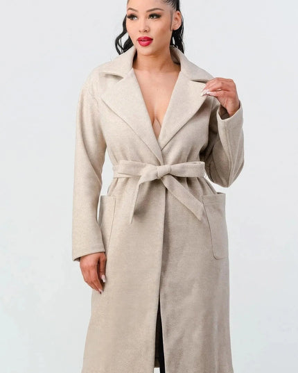 Luxe Wool Waist Tie Side Pockets Midi Length Coat - ShopEasier