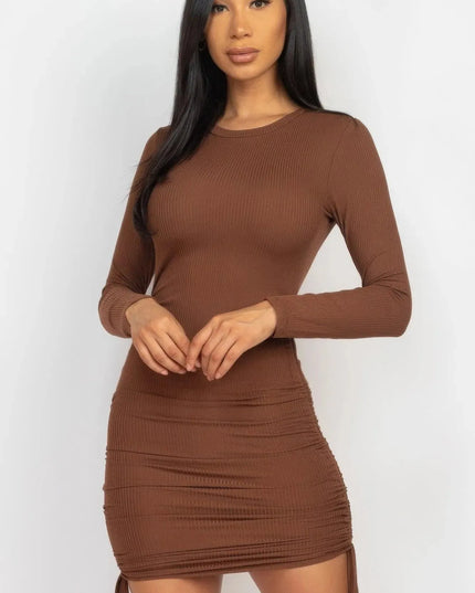 Ribbed long sleeve drawstring bodycon dress - ShopEasier