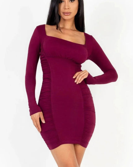 U-neck long sleeve ruched bodycon mini dress - ShopEasier