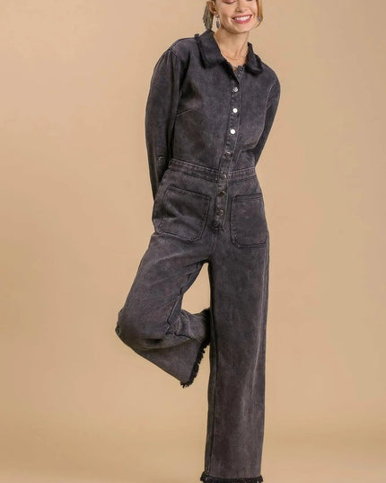 Mid button down stone wash wide leg distressed jumpsuit & side pockets with no lining - ShopEasier