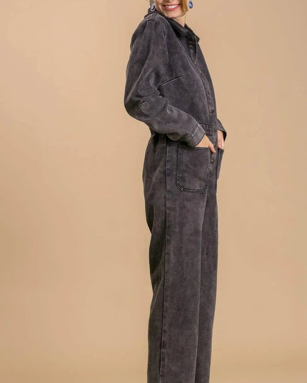 Mid button down stone wash wide leg distressed jumpsuit & side pockets with no lining - ShopEasier