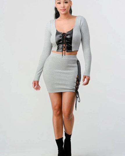 2 Piece Set With Cropped Long Sleeve Shirt With Pu Leather Detail Matching Mini Skirt - ShopEasier