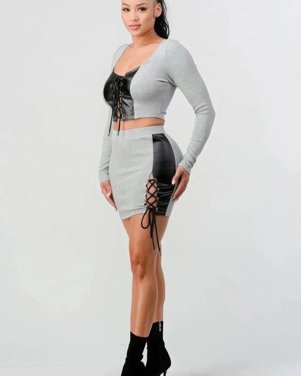 2 Piece Set With Cropped Long Sleeve Shirt With Pu Leather Detail Matching Mini Skirt - ShopEasier