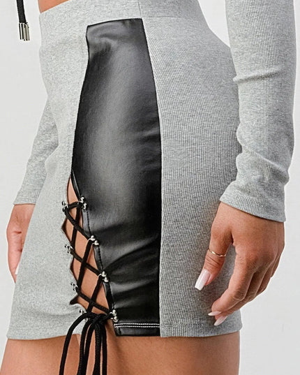 2 Piece Set With Cropped Long Sleeve Shirt With Pu Leather Detail Matching Mini Skirt - ShopEasier