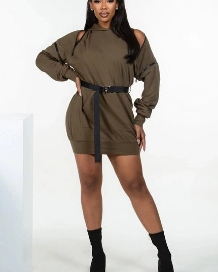 Double Zipper Long Sleeve Hooded Mini Dress - ShopEasier