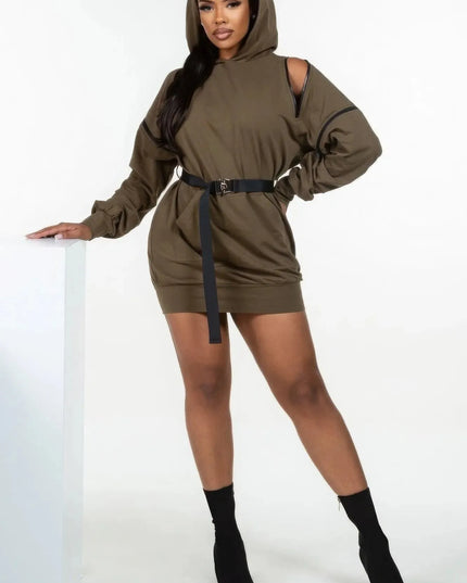 Double Zipper Long Sleeve Hooded Mini Dress - ShopEasier