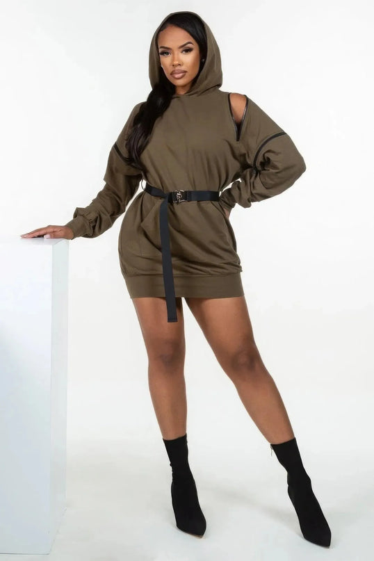 Double Zipper Long Sleeve Hooded Mini Dress - ShopEasier