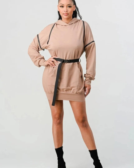 Double Zipper Long Sleeve Hooded Mini Dress - ShopEasier