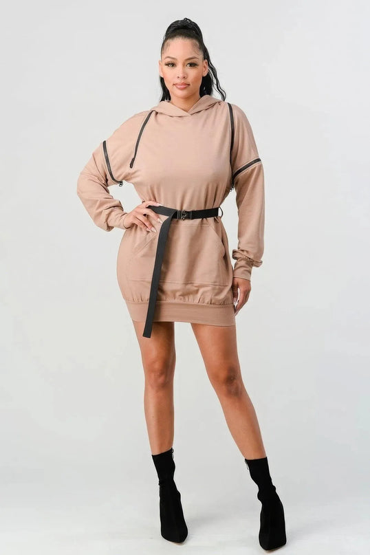 Double Zipper Long Sleeve Hooded Mini Dress - ShopEasier