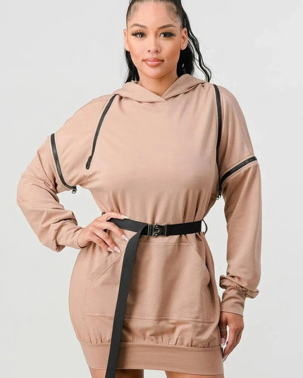 Double Zipper Long Sleeve Hooded Mini Dress - ShopEasier