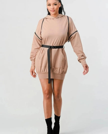 Double Zipper Long Sleeve Hooded Mini Dress - ShopEasier