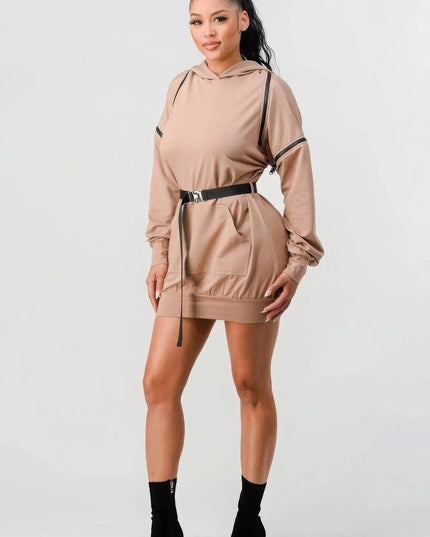 Double Zipper Long Sleeve Hooded Mini Dress - ShopEasier