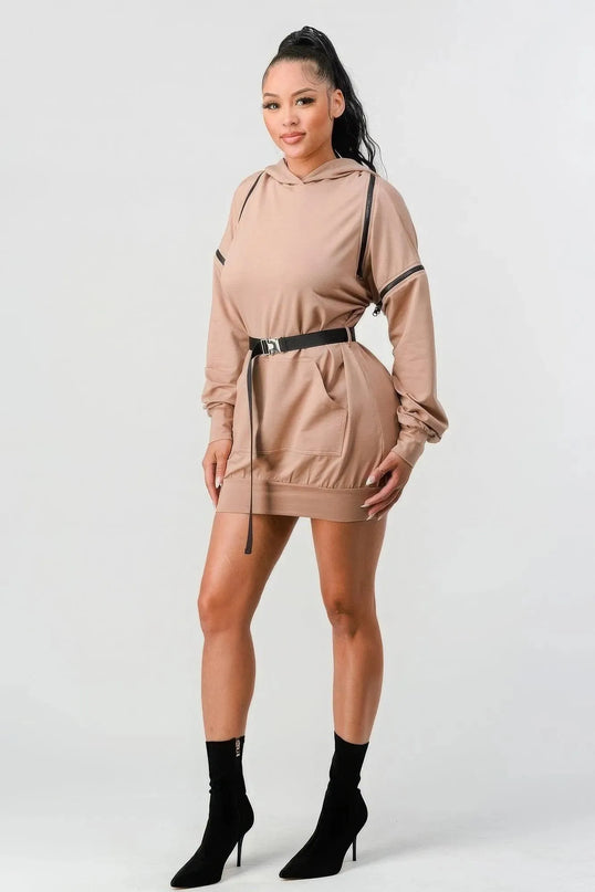 Double Zipper Long Sleeve Hooded Mini Dress - ShopEasier