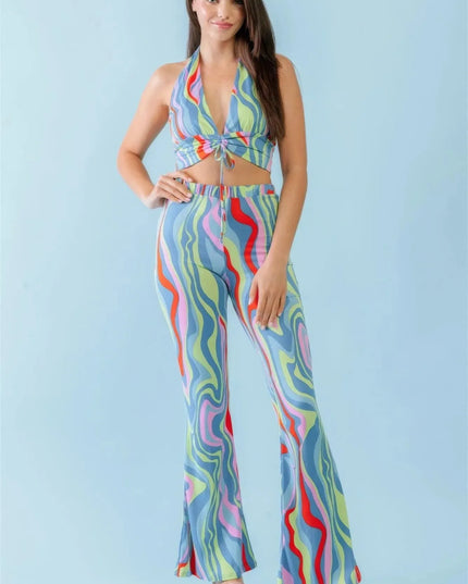 Multicolor Abstract Print Halter V-neck Ruched Open Back Crop Top & High Waist Pants Set - ShopEasier