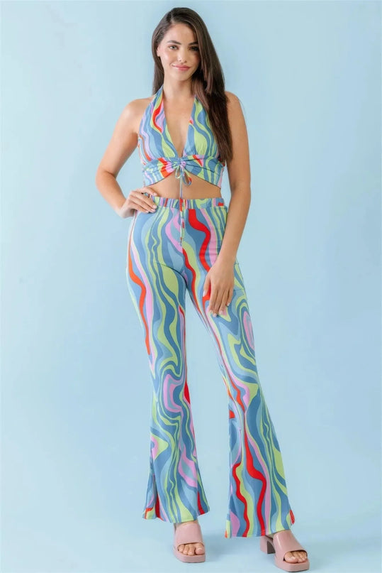 Multicolor Abstract Print Halter V-neck Ruched Open Back Crop Top & High Waist Pants Set - ShopEasier