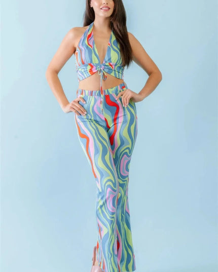 Multicolor Abstract Print Halter V-neck Ruched Open Back Crop Top & High Waist Pants Set - ShopEasier