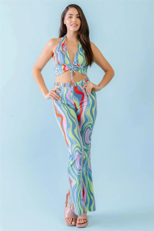 Multicolor Abstract Print Halter V-neck Ruched Open Back Crop Top & High Waist Pants Set - ShopEasier